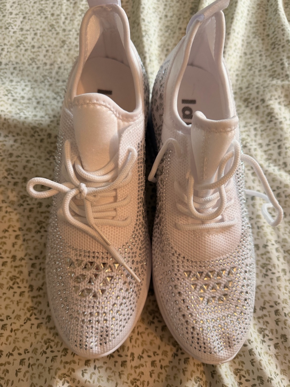 Women's White Knit Sneakers with Crystal Accents